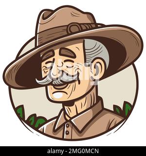 portrait of a man in a hat on a safari. old man portrait. flat vector illustration. Stock Vector