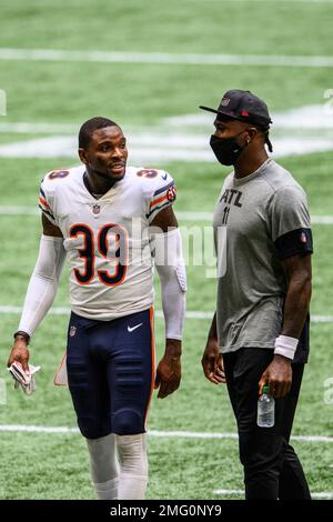 Chicago Bears free safety Eddie Jackson (39) and Atlanta Falcons wide  receiver Julio Jones (11) converse after an NFL football game, Sunday,  Sept. 27, 2020, in Atlanta. The Chicago Bears won 30-26. (