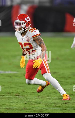 Kansas City Chiefs strong safety Tyrann Mathieu (32) runs off the field at  halftime of the NFL Super Bowl 54 football game between the San Francisco  49ers and Kansas City Chiefs Sunday