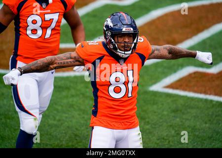 Denver Broncos wide receiver Tim Patrick (81) catches a pass against the  Los Angeles Chargers during an NFL football game Sunday, Nov. 28, 2021, in  Denver. (AP Photo/Jack Dempsey Stock Photo - Alamy