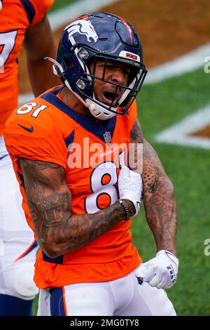 September 19, 2021 - Jacksonville, FL, U.S: Denver Broncos wide receiver  Tim Patrick (81) catches the ball for a touchdown during 1st half NFL  football game between the DenverBroncos and the Jacksonville