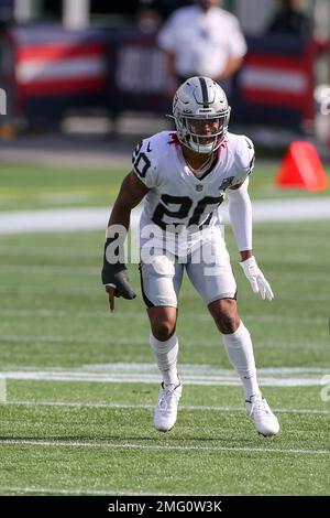 FILE - Las Vegas Raiders cornerback Damon Arnette warms up before an NFL  football game against the Pittsburgh Steelers, Sunday, Sept. 19, 2020, in  Pittsburgh. The Las Vegas Raiders waived 2020 first-round