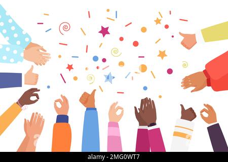 Hands of people show thumbs up, OK vector illustration. Cartoon positive gestures of diverse multicultural group at corner, different female and male arms applaud to winner, greeting and confirm idea Stock Vector