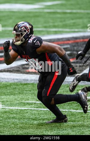 November 28, 2021 - Jacksonville, FL, U.S: Atlanta Falcons defensive tackle  Marlon Davidson (90) before the start of 1st half NFL football game between  the Atlanta Falcons and the Jacksonville Jaguars at