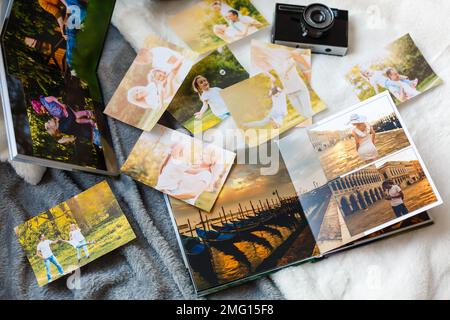 Open pages of brown luxury leather wedding book or album Stock Photo