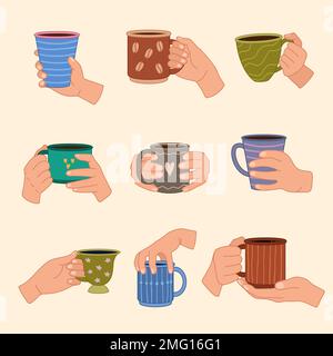 Cups in hand. People holding various hot cups with liquid steaming products coffee or tea mugs recent vector set Stock Vector