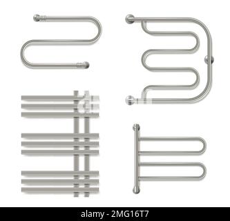 Towel heaters. Realistic shower hangers for bathroom towels different steel pipes decent vector templates set Stock Vector