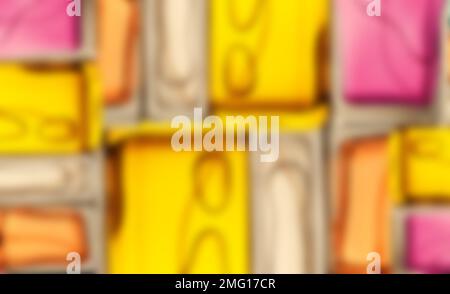 Defocused, blurred top view, flat lay of a set of perfume bottles on a colorful background Stock Photo