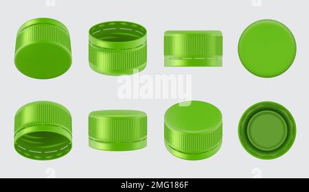 Bottle cap. Water and alcoholic drinks polyethylene caps decent vector colorful realistic templates Stock Vector