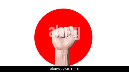 fist raised up against the background of the red sun on a white background Stock Photo