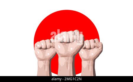 fists raised up against the background of the red sun on a white background Stock Photo