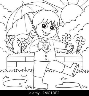 Spring Girl Holding an Umbrella Coloring Page  Stock Vector