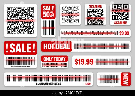 Product barcodes and QR codes with red scanning line. Sale stickers, discount label or promotional badge. Serial number, product ID. Store Stock Vector