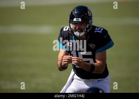 Jacksonville Jaguars quarterback Gardner Minshew (15) calls the snap in a  shotgun formation during an NFL football game against the Tennessee Titans,  Sunday, Sept. 20, 2020, in Nashville, Tenn. (AP Photo/Brett Carlsen