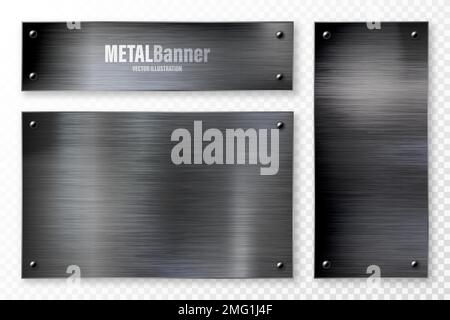 Realistic black metal banners collection. Brushed steel or aluminium plate, panel with screws. Polished metal surface. Old grunge texture with Stock Vector