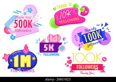 Thank you followers, social media congratulation templates set vector illustration. Cartoon happy funny emoji and hearts elements, banners frame decoration and balloons for happy celebration post Stock Vector