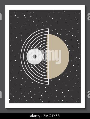 Abstract geometric line art poster. Hand draw minimalist creative boho wall decor shapes. Modern graphic poster with lines, dots, circle on black Stock Vector