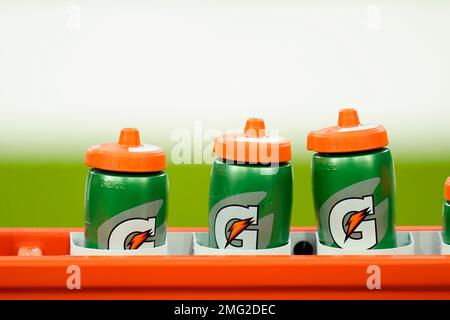 A Gatorade bottle is seen before an NFL football game between the Tampa Bay  Buccaneers and the New York Jets, Sunday, Jan. 2, 2022, in East Rutherford,  N.J. (AP Photo/Adam Hunger Stock