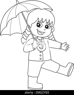 Spring Girl Holding an Umbrella Isolated Coloring Stock Vector