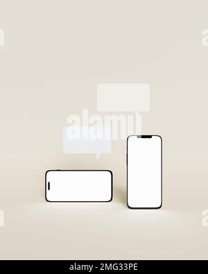 Two generic smartphone mockups with white screens and speech bubbles in ...