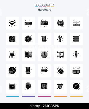 Creative Hardware 25 Glyph Solid Black icon pack  Such As keyboard. video card. fan. video. card Stock Vector