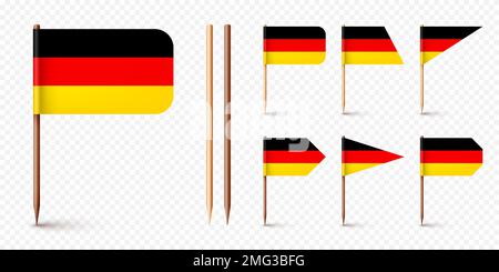 Realistic various German toothpick flags. Souvenir from Germany. Wooden toothpicks with paper flag. Location mark, map pointer. Blank mockup for Stock Vector