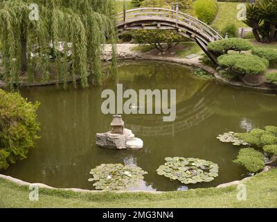 Moon Bridge over the pond in the Japanese Garden, Huntington Botanical Gardens, San Marino Stock Photo