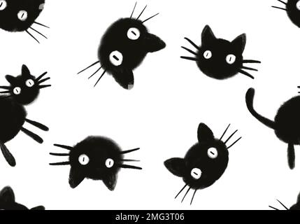 Halloween animals seamless black cats paint markers pattern for wrapping paper and fabrics and linens and kids clothes print. High quality illustratio Stock Photo