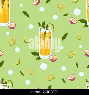 Seamless pattern with summer cocktail Passion Fruit Mojito in glass with ice cubes , lime and mint on green background. Vector pattern with latin amer Stock Vector