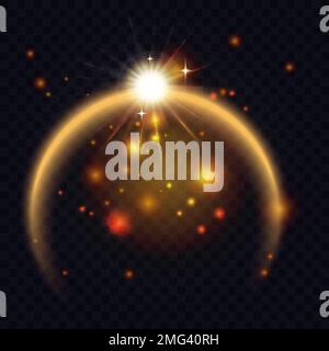 Golden beams of sun on planet edge with glowing light effect vector illustration. Abstract gold glow of eclipse, sunlight rays crown on sphere with miracle particles on orbit, sunrise flare and shine Stock Vector