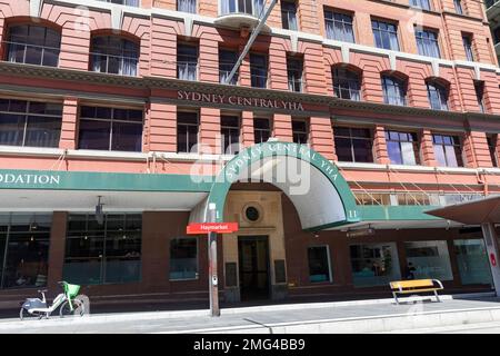 Sydney Central YHA backpacker accommodation hostel in Haymarket Sydney with Haymarket light rail stop, Sydney,NSW,Australia 2023 Stock Photo