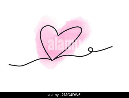 Heart shape outline black contour and pink watercolor background. Abstract love symbol. Continuous line art drawing illustration. Stock Photo