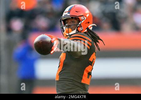 Cleveland Browns running backs Kareem Hunt (27) and Nick Chubb (24) are  interviewed by NFL Network reporter Sara Walsh following an NFL football  game against the Carolina Panthers, Sunday, Sep. 11, 2022