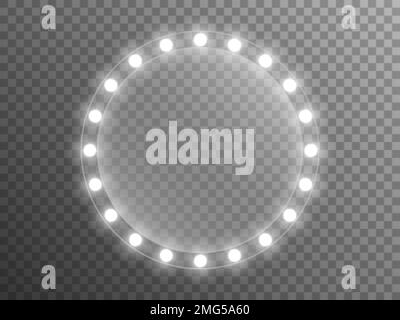 Mirror with lights. Makeup mirror with white lamps. Illuminated frame with silver bulbs. Glowing glass template. Vector illustration. Stock Vector