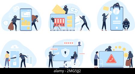 Information hacking, security money and hacks computer. Cartoon internet hackers, protection and theft. Flat digital fraud and cyber crime recent Stock Vector