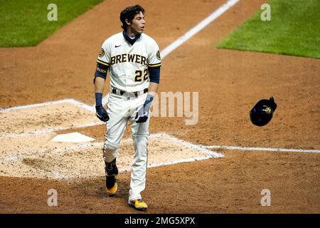 Milwaukee Brewers' Christian Yelich tosses a T-shirt to fans before a spring  training baseball game against the Kansas City Royals, Saturday, March 23,  2019, in Phoenix. (AP Photo/Sue Ogrocki Stock Photo 