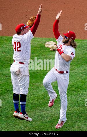 St. Petersburg, United States. 06th Apr, 2022. St. Petersburg, FL USA:  Philadelphia Phillies designated hitter Bryce Harper (3) is fist bumped by  first baseman Rhys Hoskins (17) after homering in the first