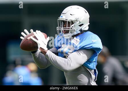 Detroit Lions safety C.J. Moore prays in the end zone before an