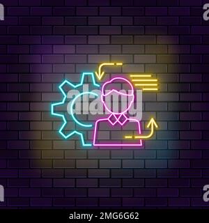 Doing, gear, human neon vector icon on dark wall background. Neon Doing, gear, human vector icon Stock Vector