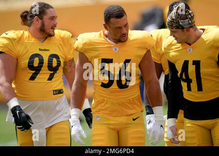 Pittsburgh Steelers inside linebacker Robert Spillane (41) tackles Seattle  Seahawks running bac …