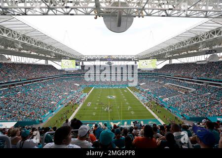 Hard Rock Stadium is the home for the NFL Miami Dolphins and the University  of Miami Hurricanes football team. Stock Photo