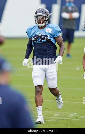 Tennessee Titans cornerback Kristian Fulton (26) celebrates after incepting  a pass during the first half of an NFL football game against the New York  Jets, Sunday, Oct. 3, 2021, in East Rutherford. (