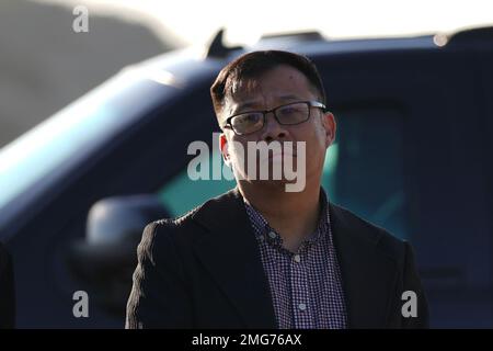 Los Angeles, United States. 25th Jan, 2023. Monterey Park Mayor Henry Lo waits for US Vice President Kamala Harris to arrive at Los Angeles International Airport in Los Angeles, California, USA, 25 January 2023. Vice President Harris is visiting a memorial and families of a mass shooting that happened in Monterey Park, CA on Saturday 21 2023, leaving 11 dead and 10 injured. Credit: Sipa USA/Alamy Live News Stock Photo