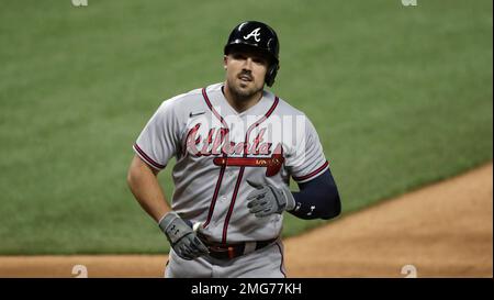 Miami Marlins left fielder Adam Duvall (14) rounds third base after hitting  a 3 run home run during a MLB game against the Los Angeles Dodgers, Sunday  Stock Photo - Alamy