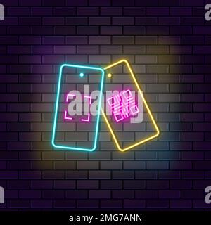 Code, mobile, qr neon vector icon on dark wall background. Neon Code, mobile, qr vector icon Stock Vector