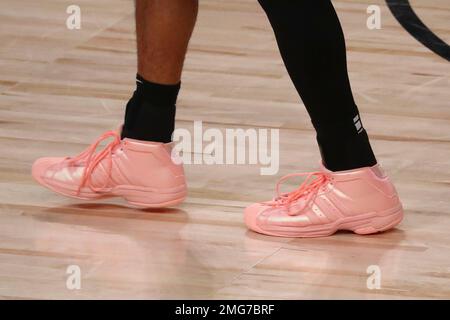The shoes of Denver Nuggets' Jamal Murray are shown during the first  quarter of an NBA basketball game against the Toronto Raptors, Friday, Aug.  14, 2020, in Lake Buena Vista, Fla. (Mike