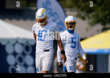 Los Angeles Chargers quarterback Justin Herbert (10) works on a drill  during practice at the NFL football team's training camp in Costa Mesa,  Calif., Saturday, July 31, 2021. (AP Photo/Alex Gallardo Stock