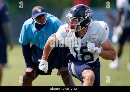 Tennessee Titans wide receiver Mason Kinsey runs up field during the second  half of an NFL football game against the Minnesota Vikings, Saturday, Aug.  19, 2023, in Minneapolis. (AP Photo/Charlie Neibergall Stock