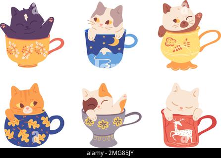 Kittens in cup. Naughty cats inside clay mug for tea or coffee, adorable kitty face characters, print sleep animal heads funny doodle pet morning design cartoon vector illustration of cat isolated Stock Vector