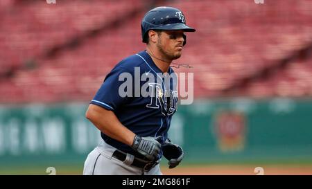 St. Petersburg, FL. USA; Boston Red Sox right fielder Hunter Renfroe (10)  disappointed after hitting a pop fly foul and caught by Tampa Bay Rays catc  Stock Photo - Alamy